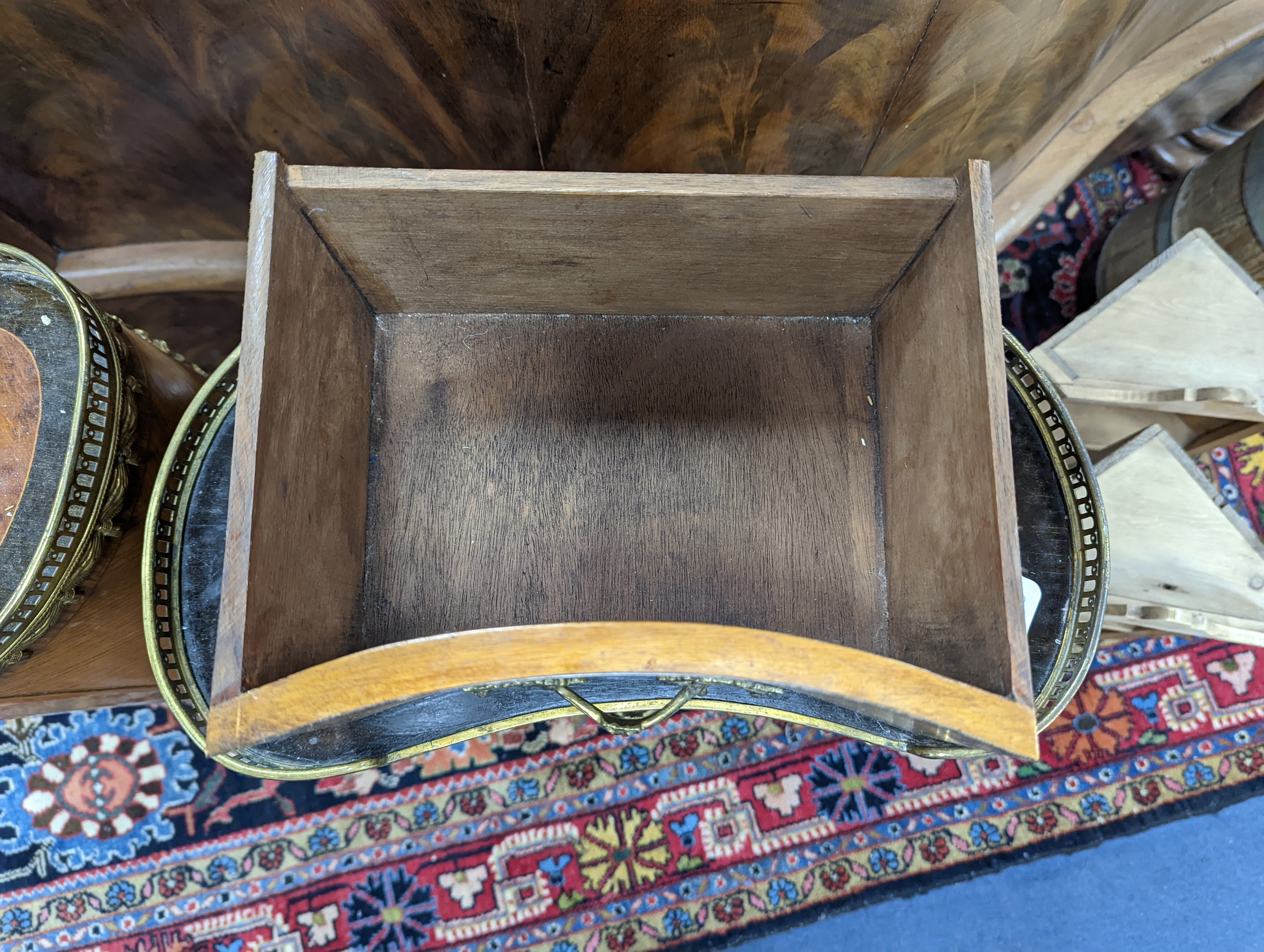 A pair of French marquetry inlaid gilt metal mounted kidney shaped two drawer bedside cabinets, width 42cm, depth 24cm, height 77cm